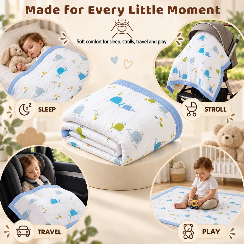 Muslin cotton blanket Whale print5