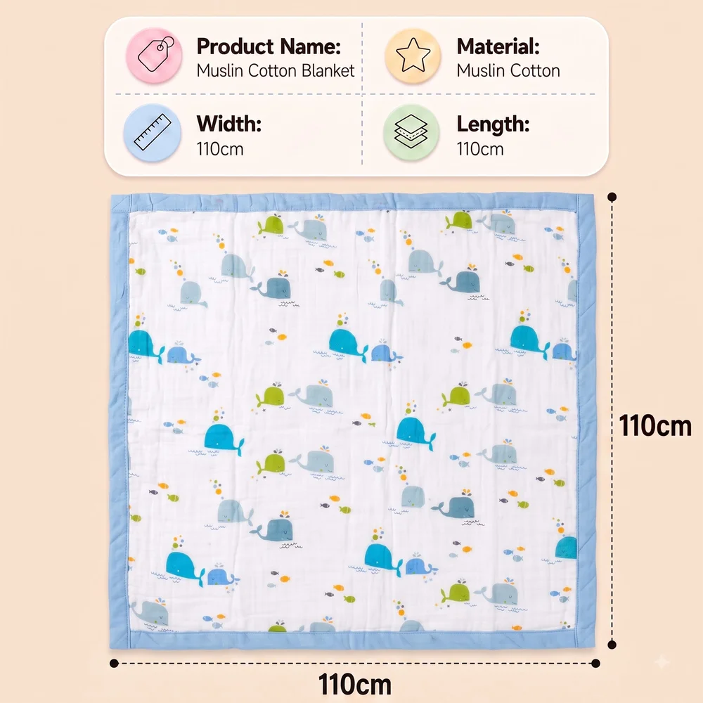 Muslin cotton blanket Whale print7