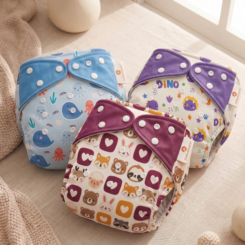 Pack of 3 Baby reusable diaper blue brown purple