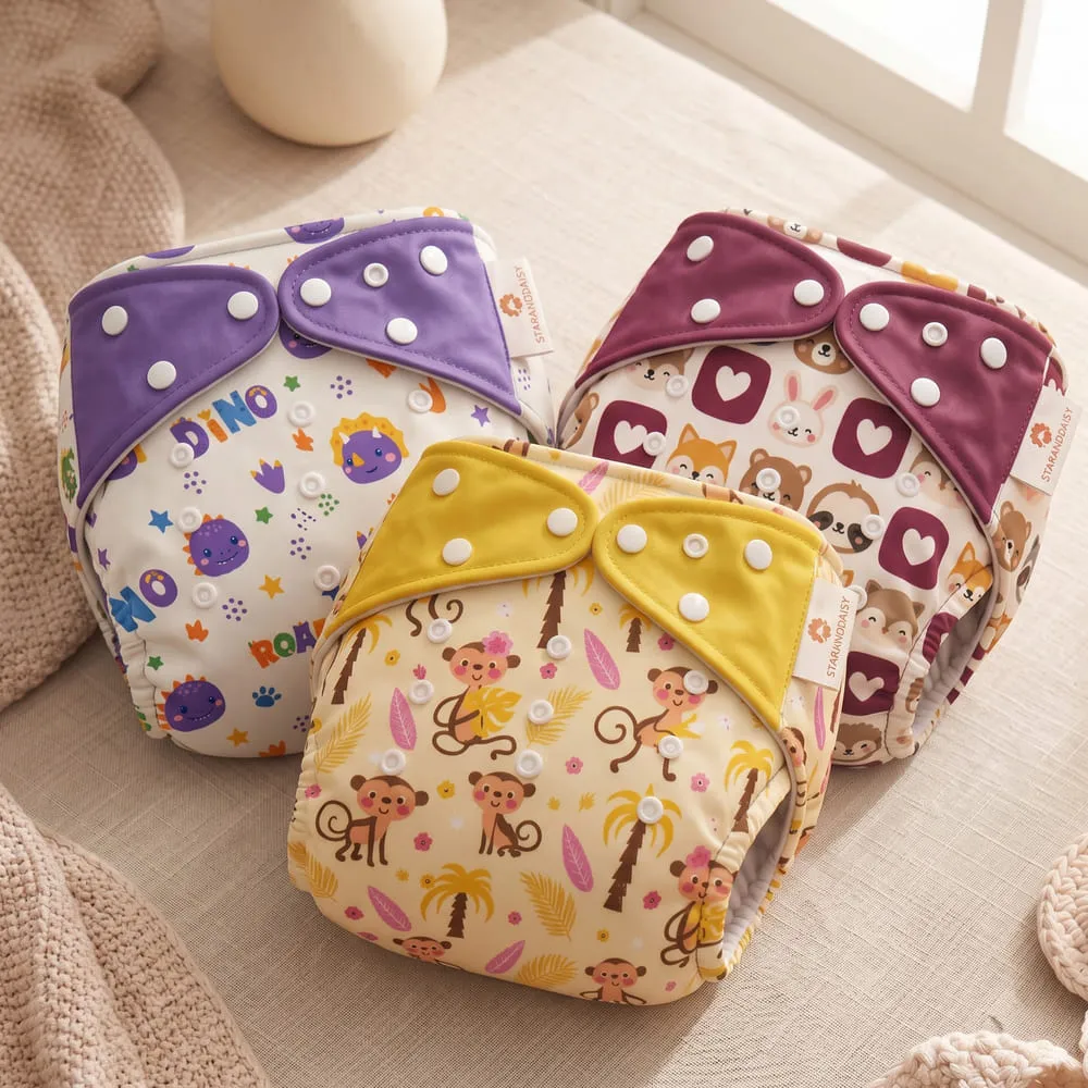 Pack of 3 Baby reusable diaper blue brown yellow