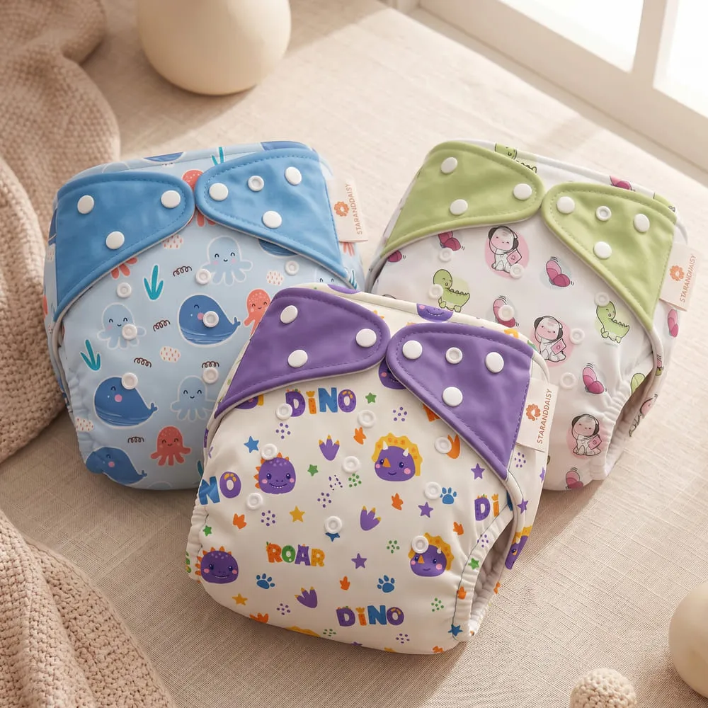 Pack of 3 Baby reusable diaper blue purple green