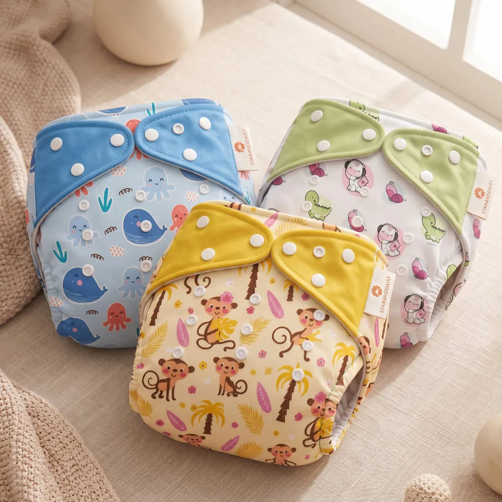 Pack of 3 Baby reusable diaper blue yellow green