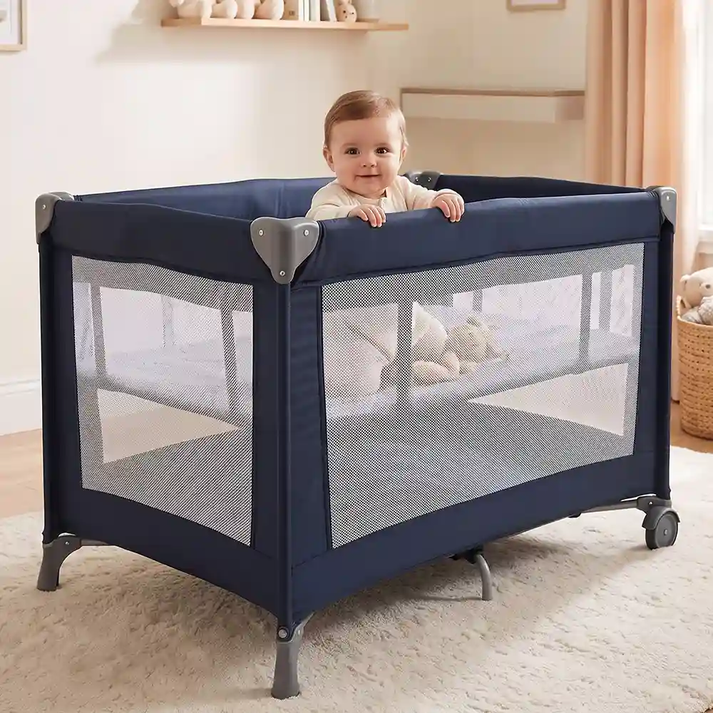 StarAndDaisy Foldable Baby Playpen with Mesh Sides, Wheels and Padded Base, Portable Play Area for Indoor & Outdoor Use, 102 × 74 × 71 cm, Blue