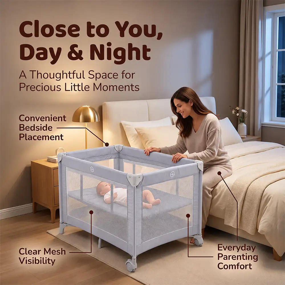 Playpen and crib grey
