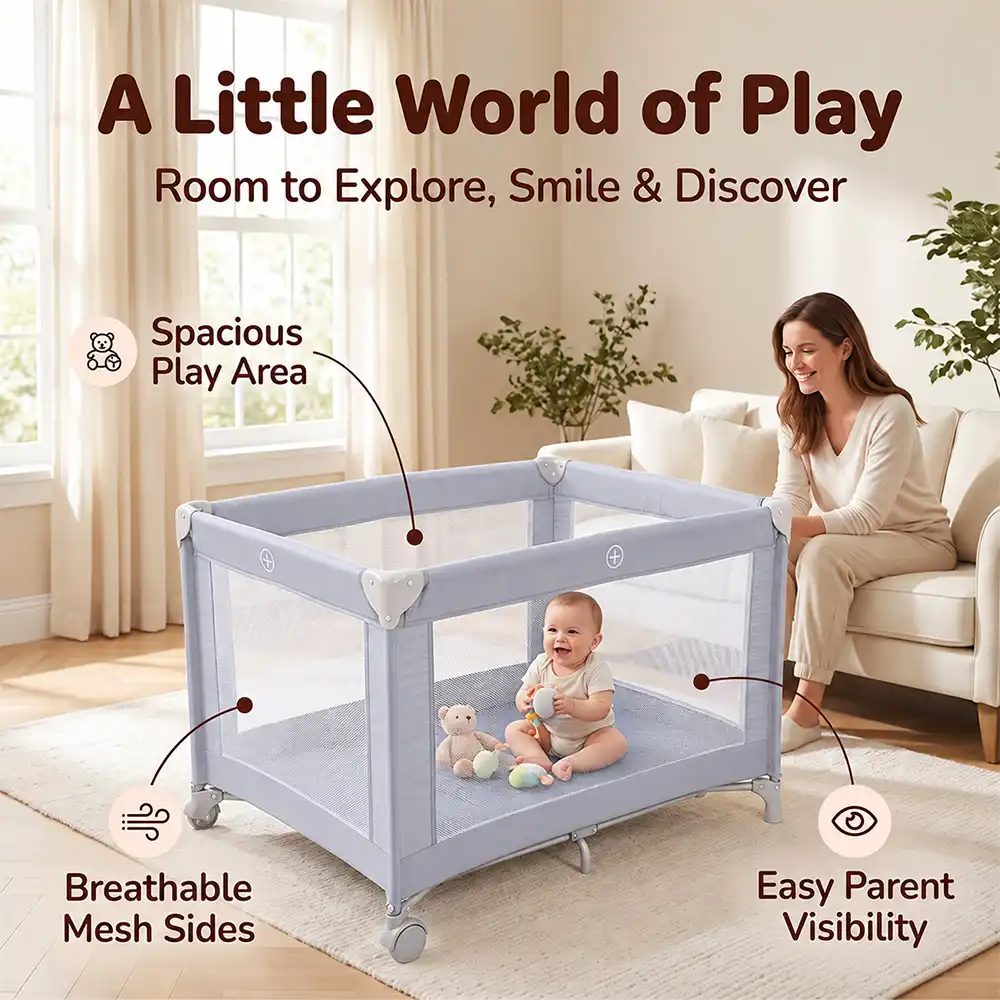 Playpen and crib grey