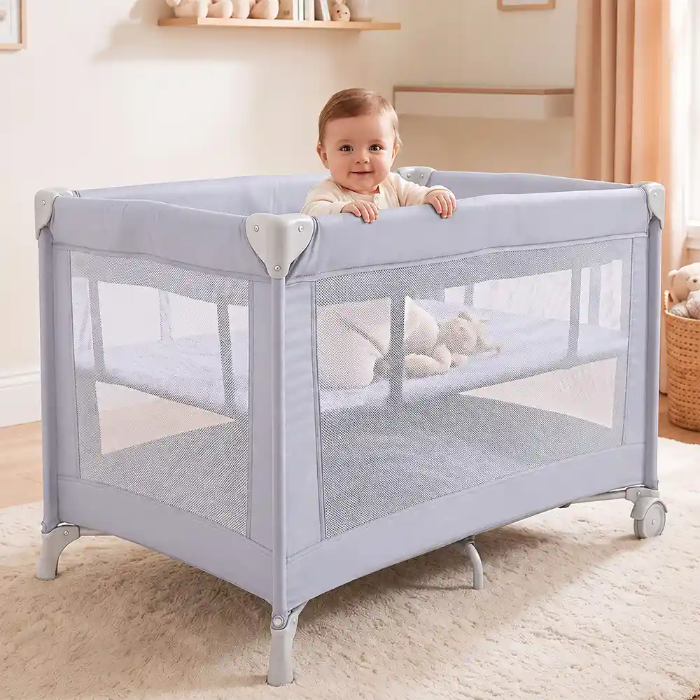 StarAndDaisy Foldable Baby Playpen with Mesh Sides, Wheels and Padded Base, Portable Play Area for Indoor & Outdoor Use, 102 × 74 × 71 cm, Grey