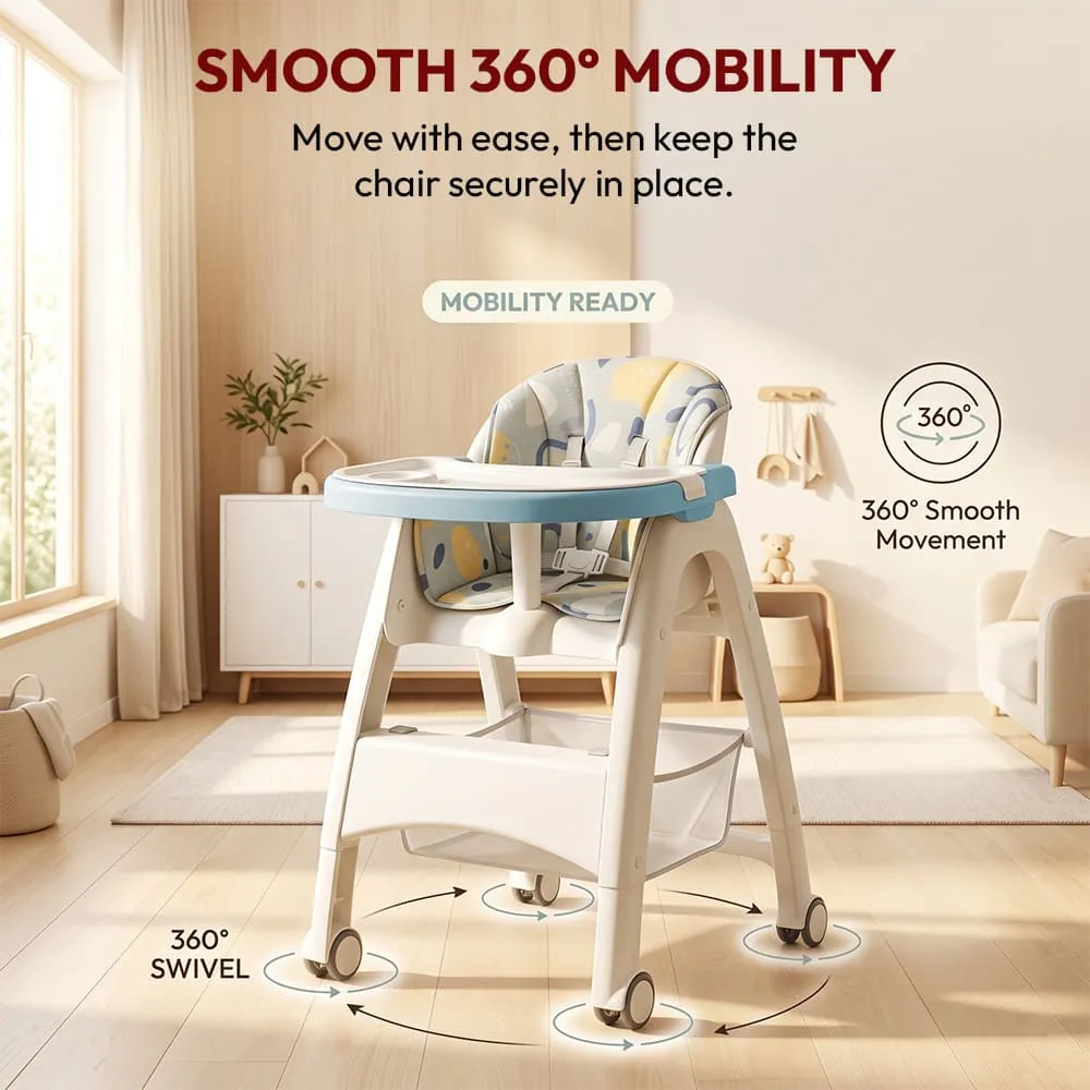 Smooth 360 degree mobility Tiny Dine High Chair Blue