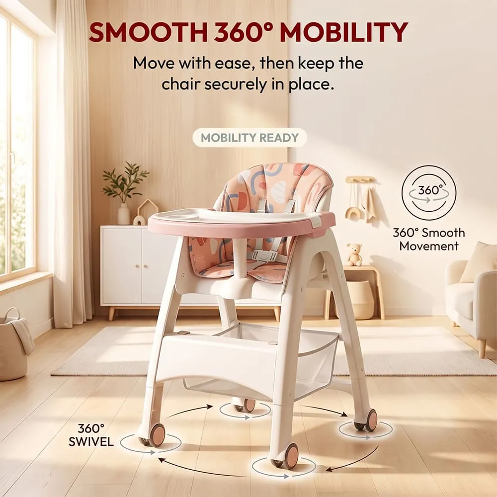 Smooth 360 degree mobility Tiny Dine High Chair Pink