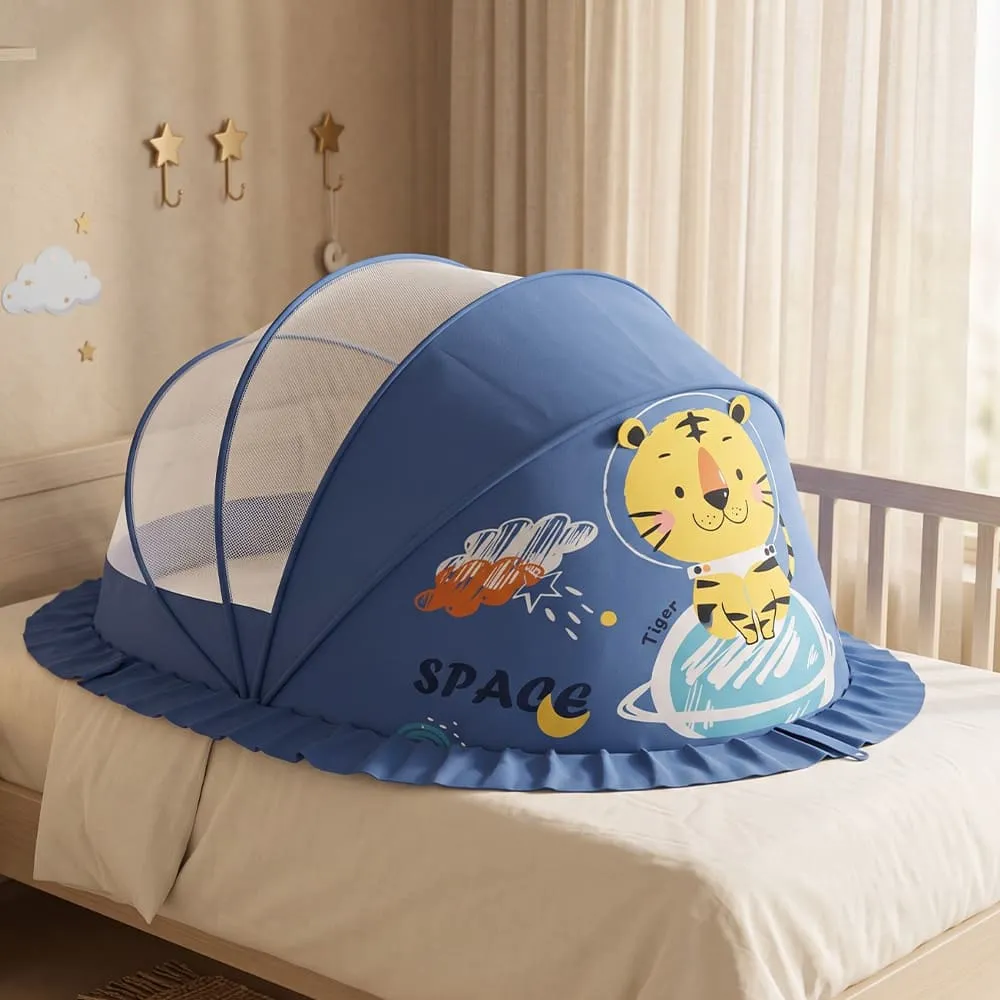StarAndDaisy Foldable Baby Mosquito Net with Breathable Mesh, Pop-Up Canopy, Spacious Resting Area for Bed, Crib & Floor – Lion Print Blue