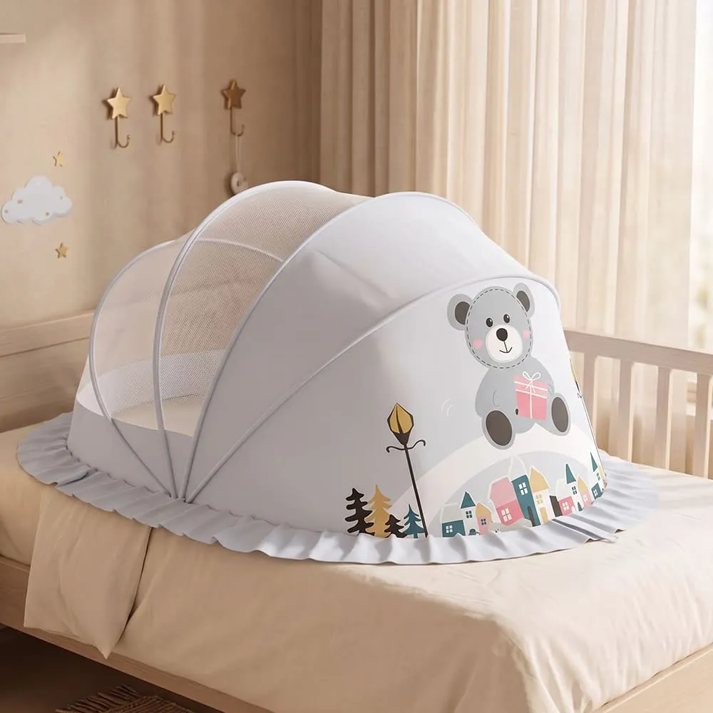 StarAndDaisy Foldable Baby Mosquito Net with Breathable Mesh, Pop-Up Canopy, Spacious Resting Area for Bed, Crib & Floor – Panda Print Grey