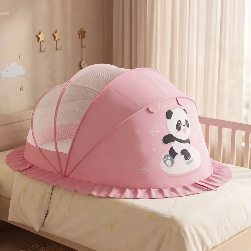 StarAndDaisy Foldable Baby Mosquito Net with Breathable Mesh, Pop-Up Canopy, Spacious Resting Area for Bed, Crib & Floor – Panda Print Pink