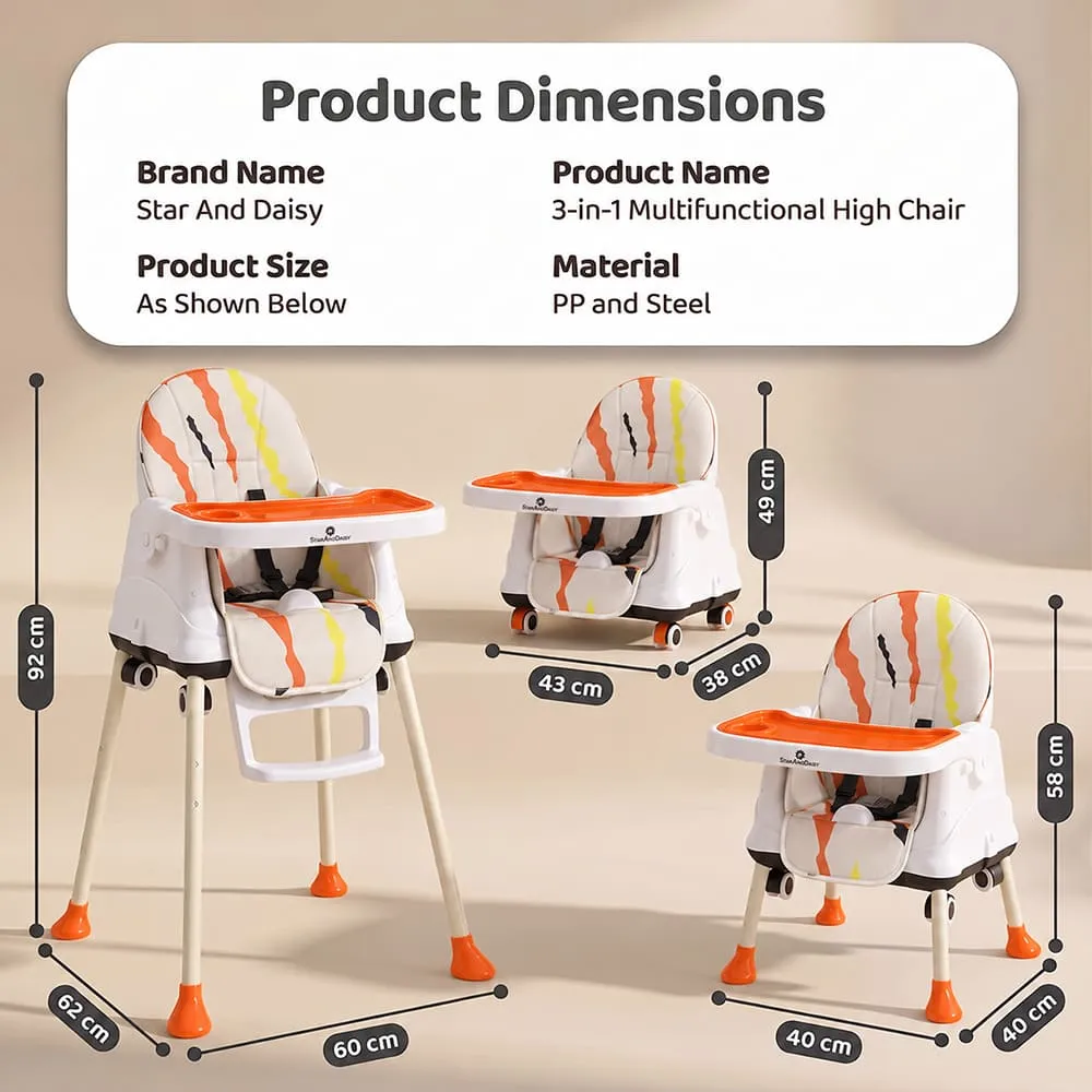 details and dimension 4 in 1 High Chair printed orange