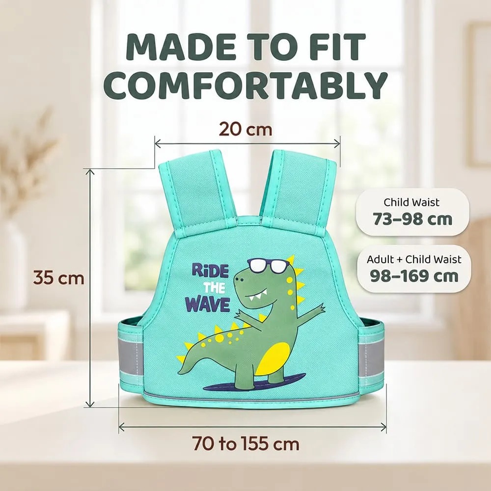 details and dimension made for fit comfortably Bike safety belt for kids green Dinosour