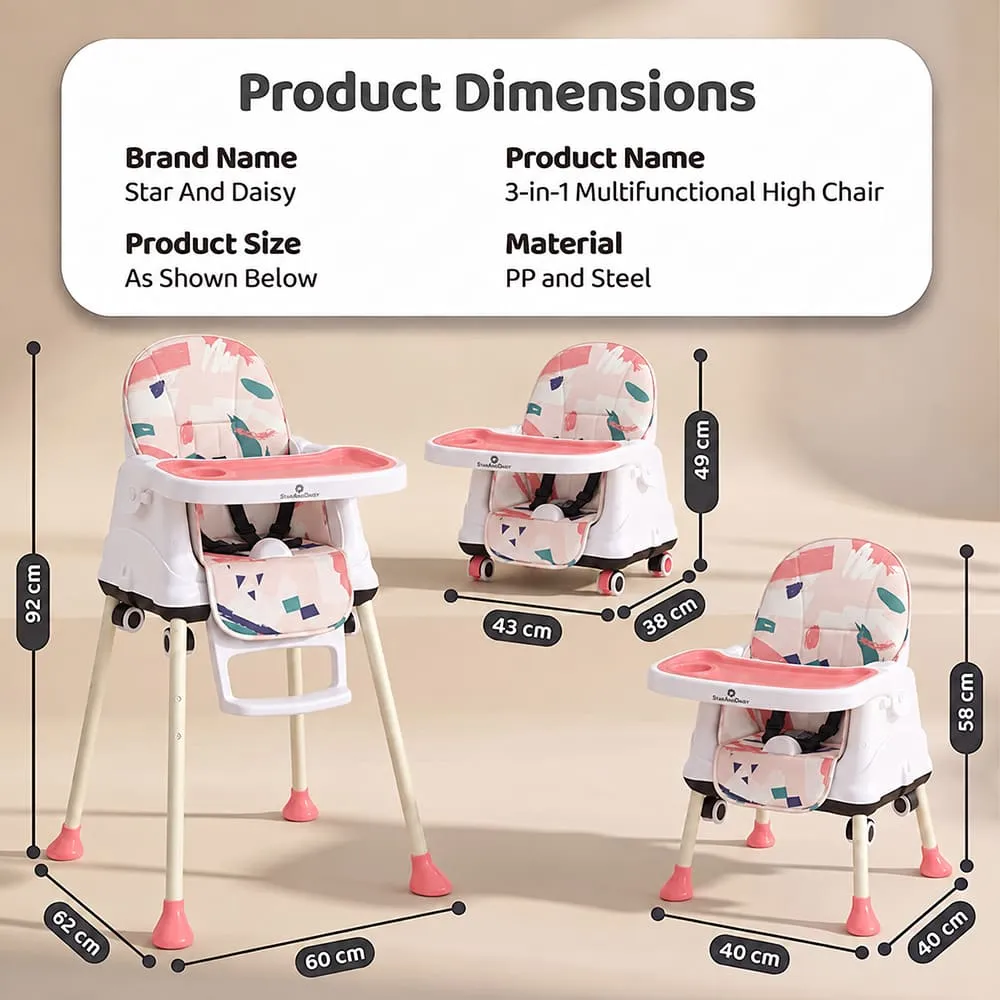 details and dimension of 4 in 1 High Chair printed pink