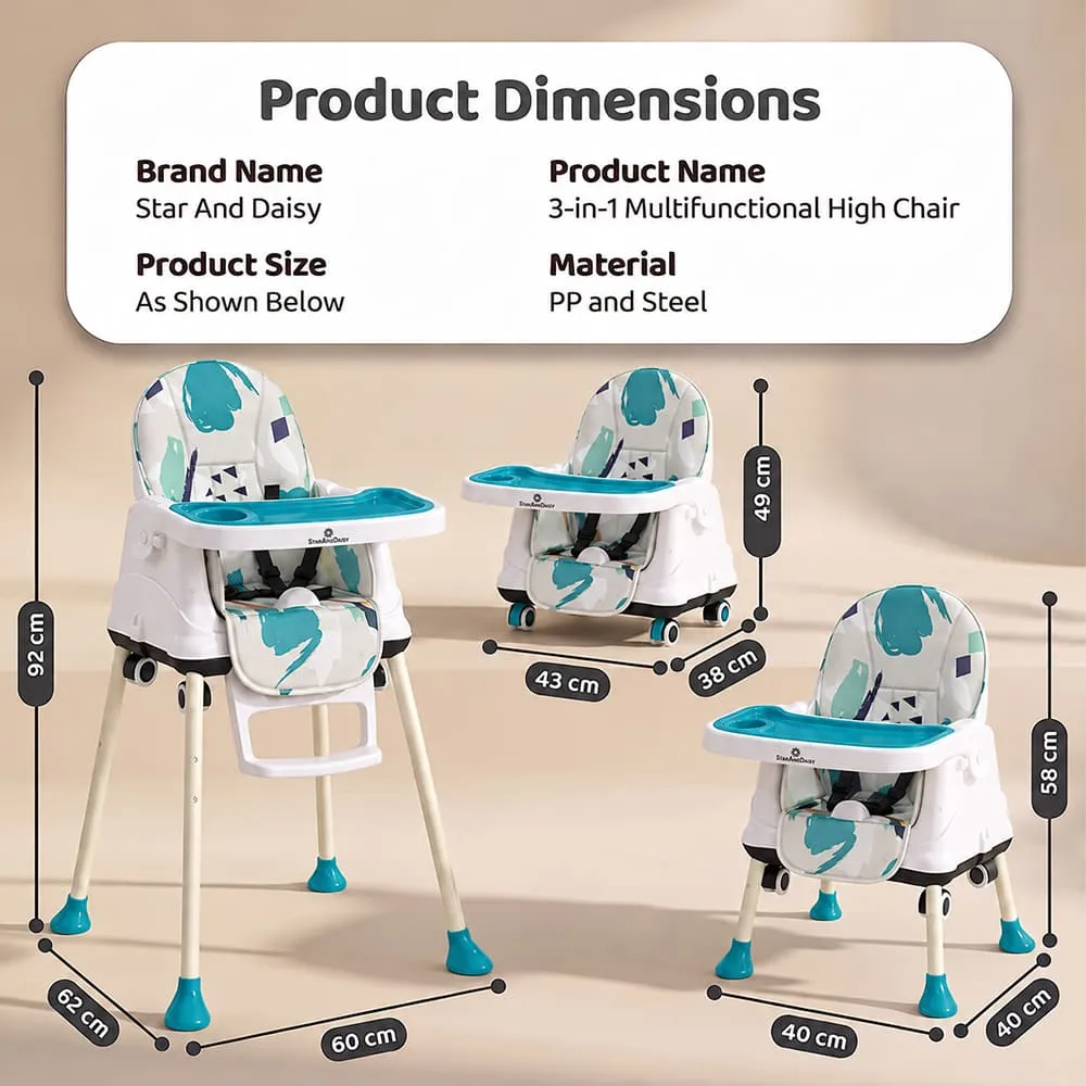 details and dimension of 4 in 1 High Chair printed sea blue