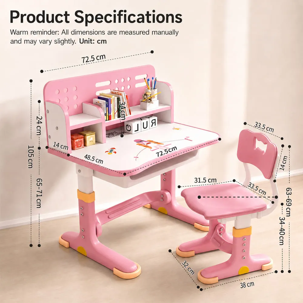 details and dimension of 603 Kids Study Table pink