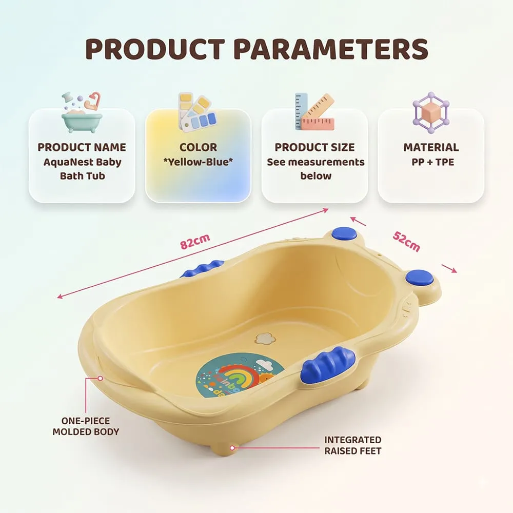 details and dimension of Aqua Nest Baby Bathtub without leg without Wheel yellow blue