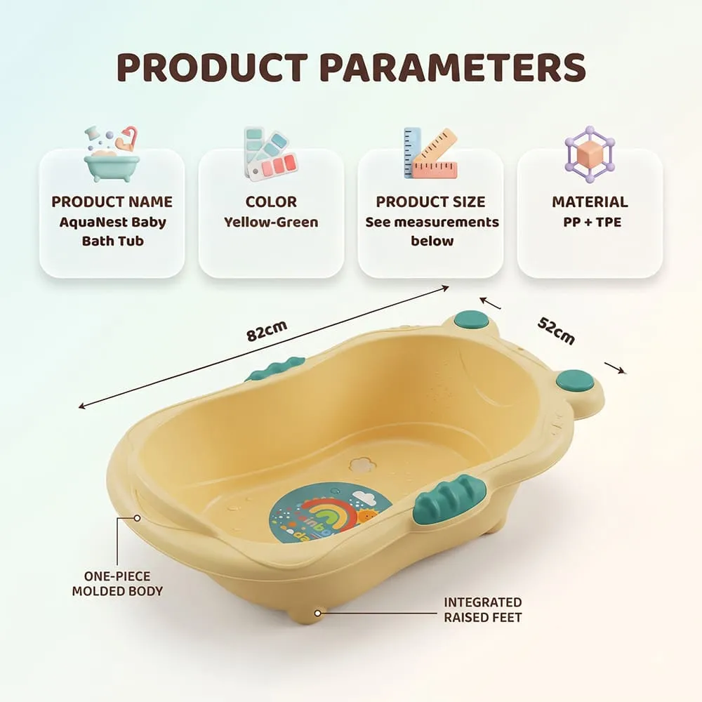 details and dimension of Aqua Nest Baby Bathtub without leg without Wheel yellow green