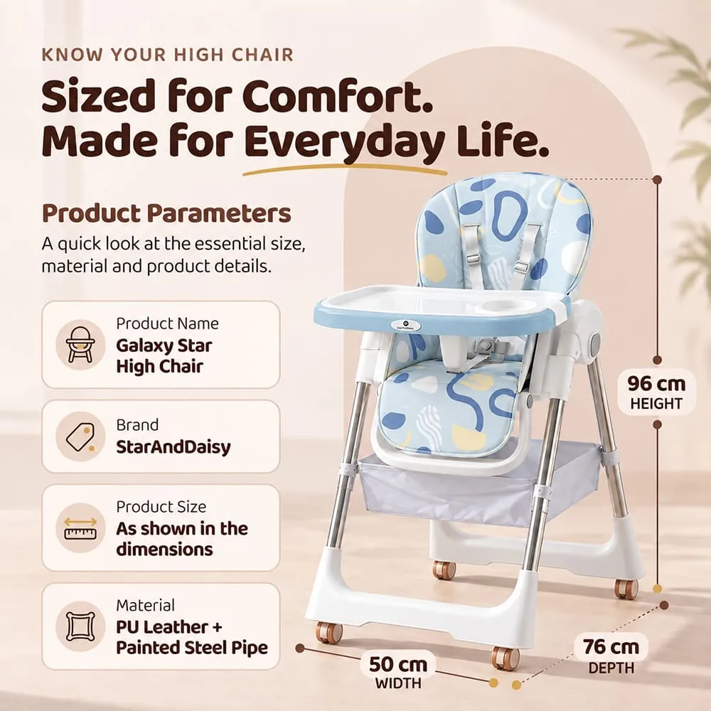 details and dimension of Galaxy high chair blue
