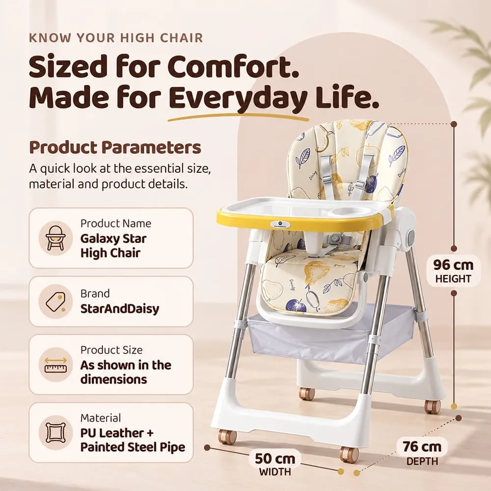 details and dimension of Galaxy high chair yellow