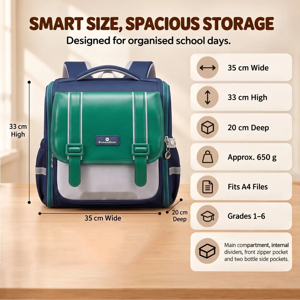 details and dimension of Kids school bag green