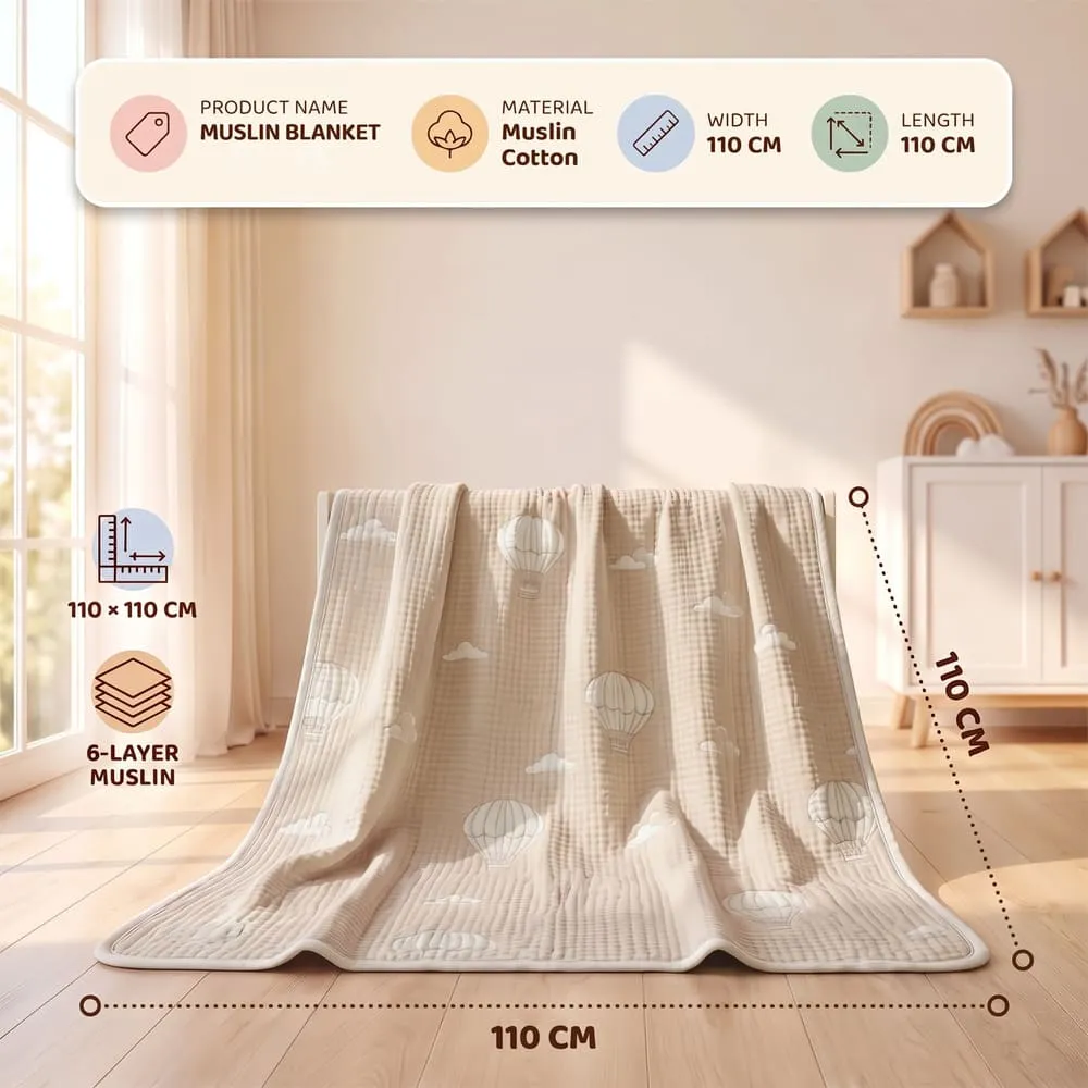details and dimension of Muslin 6 layer blanket beige balloon
