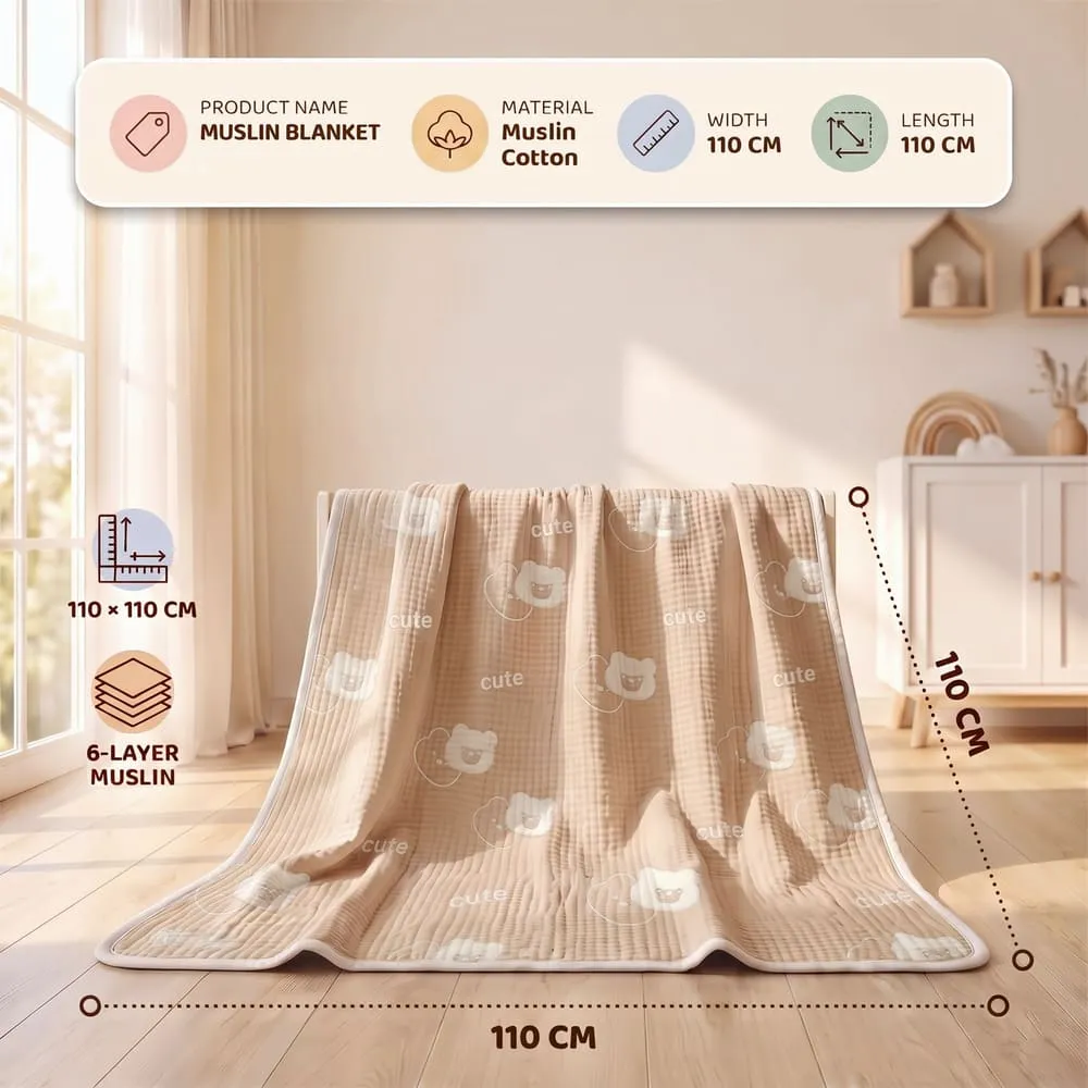 details and dimension of Muslin 6 layer blanket beige big teddy
