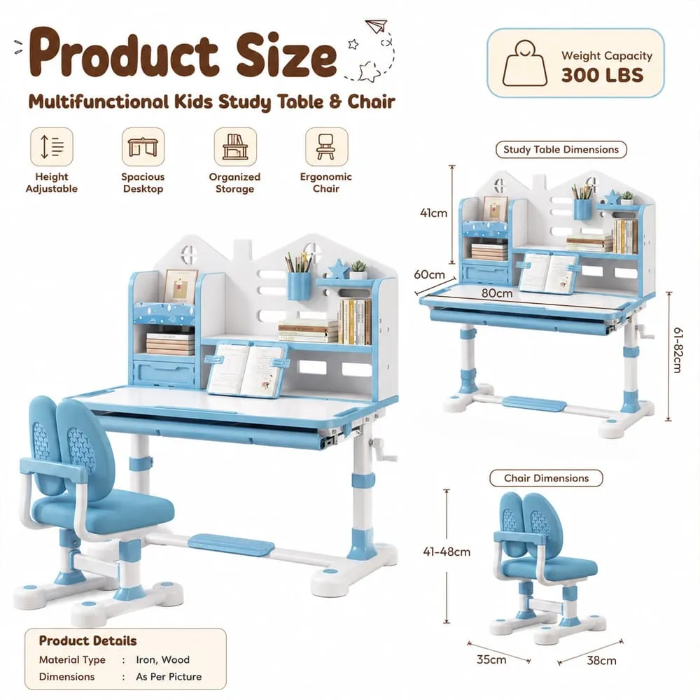 details and dimension of Smart Kids Study Table 015 Blue