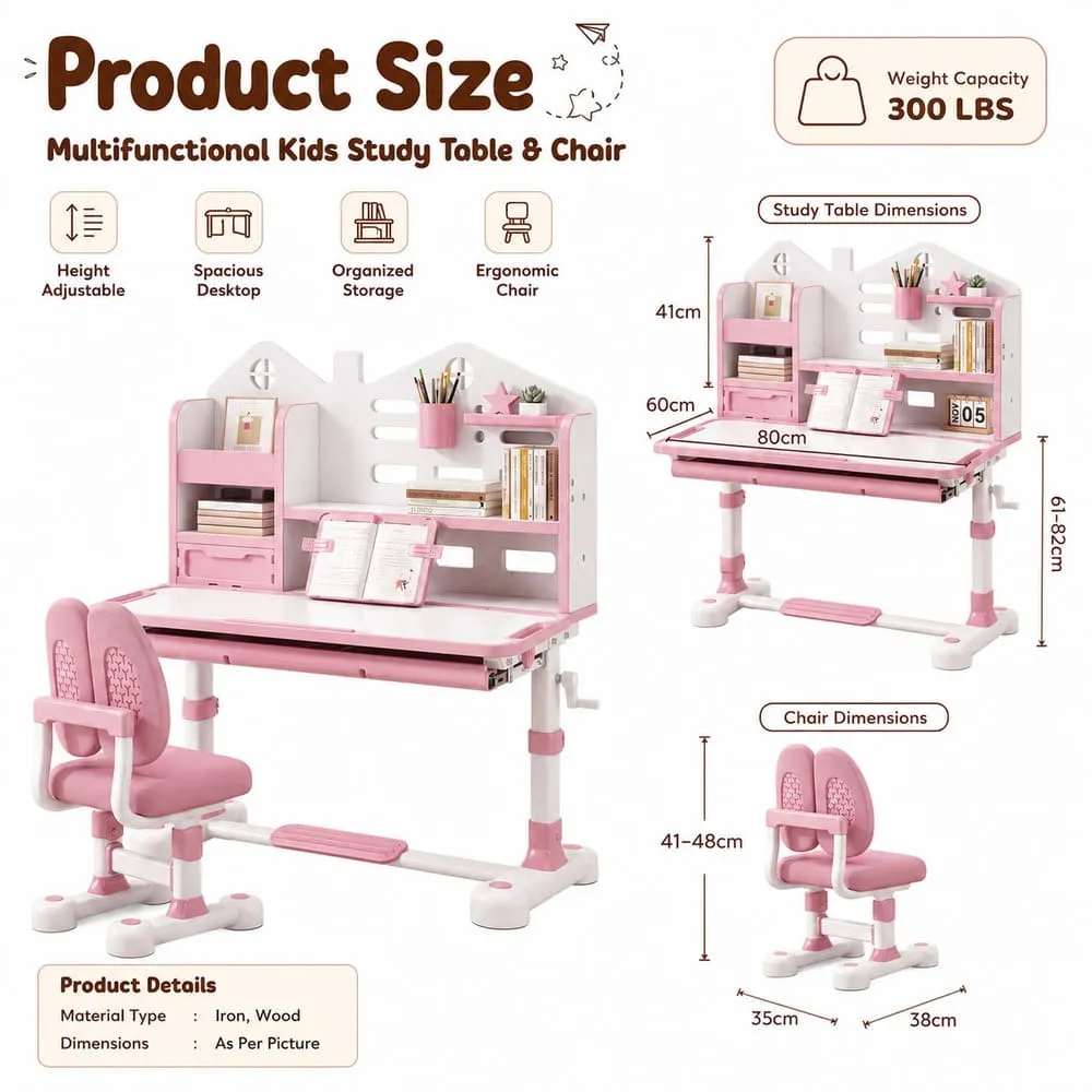 details and dimension of Smart Kids Study Table 603 Pink