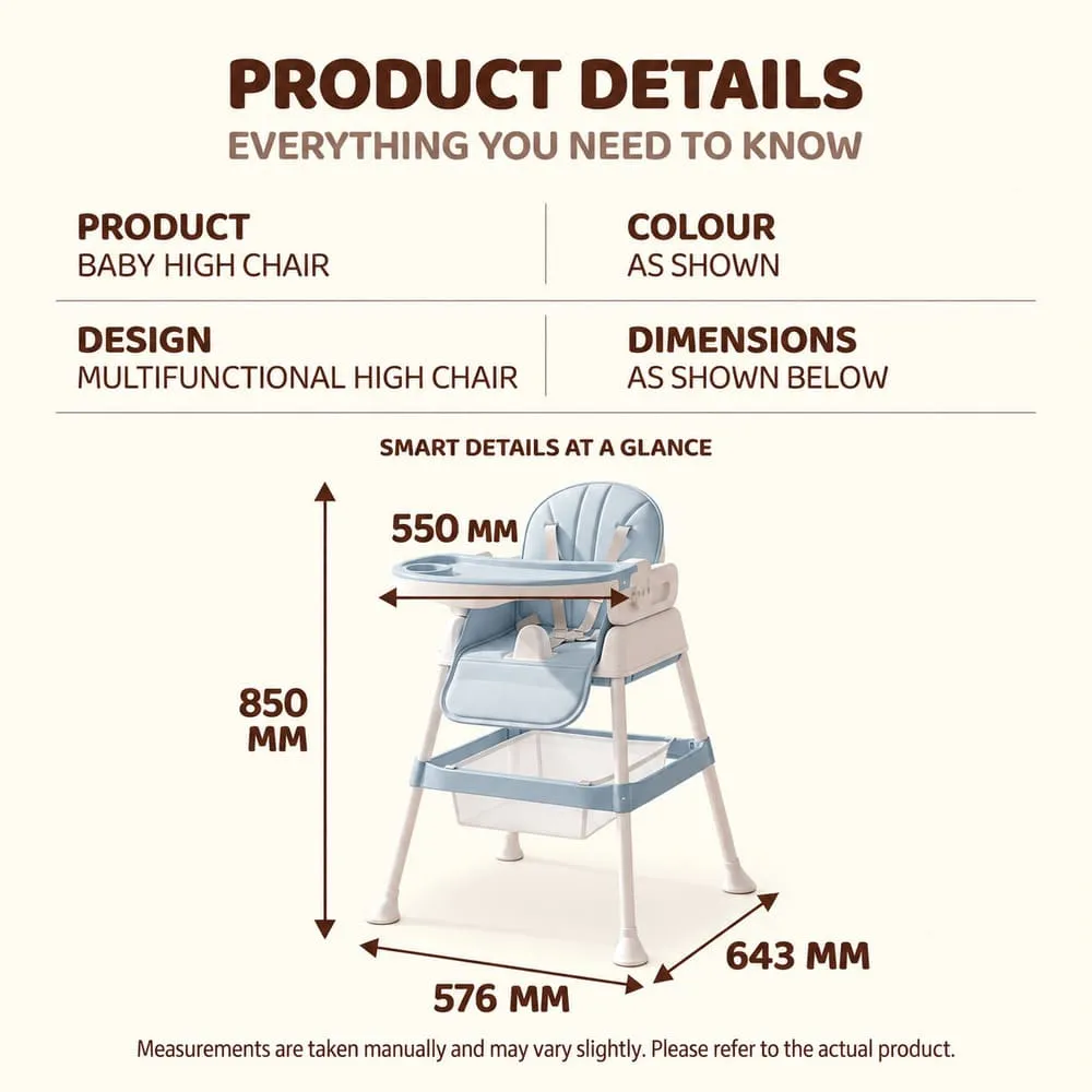 details and dimension of StarDine Baby High Chair Blue