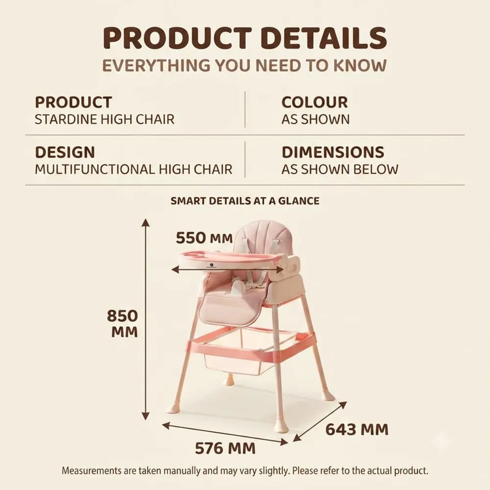 details and dimension of StarDine Baby High Chair Grey