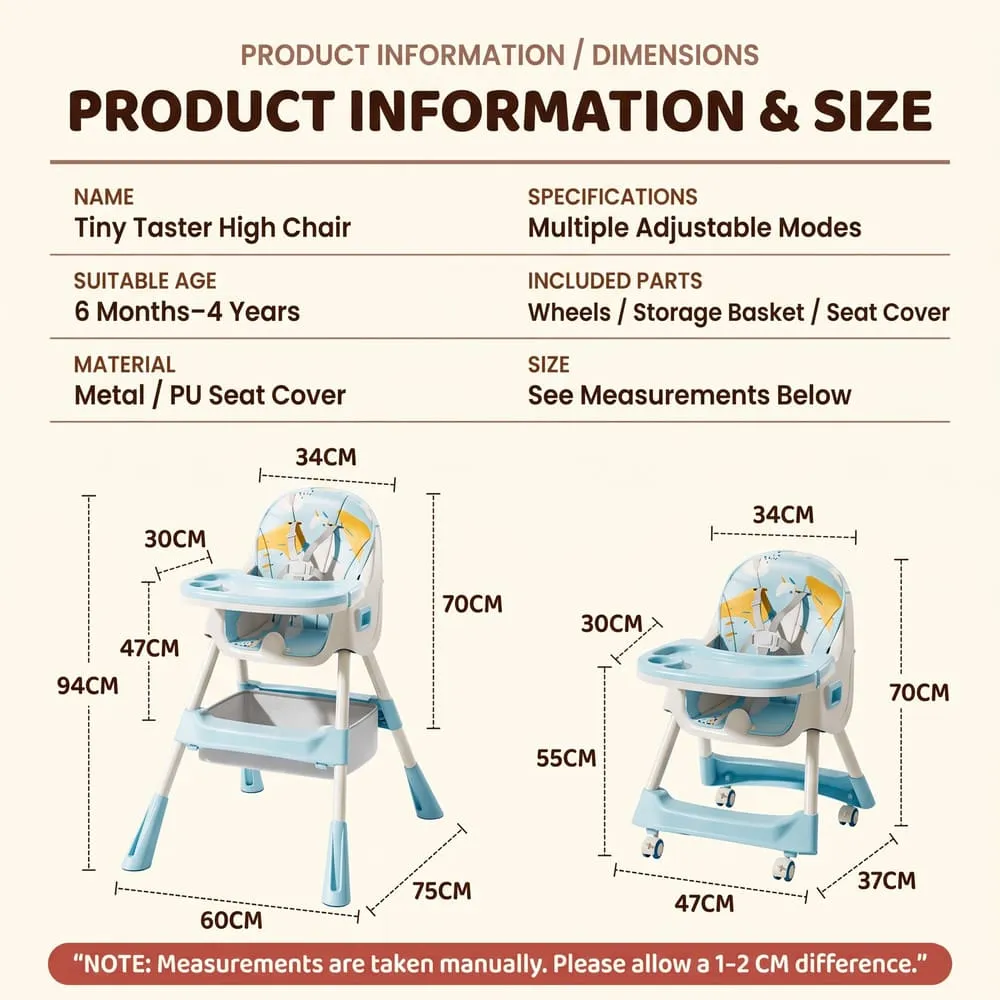 details and dimension of Tiny taster baby high Chair blue