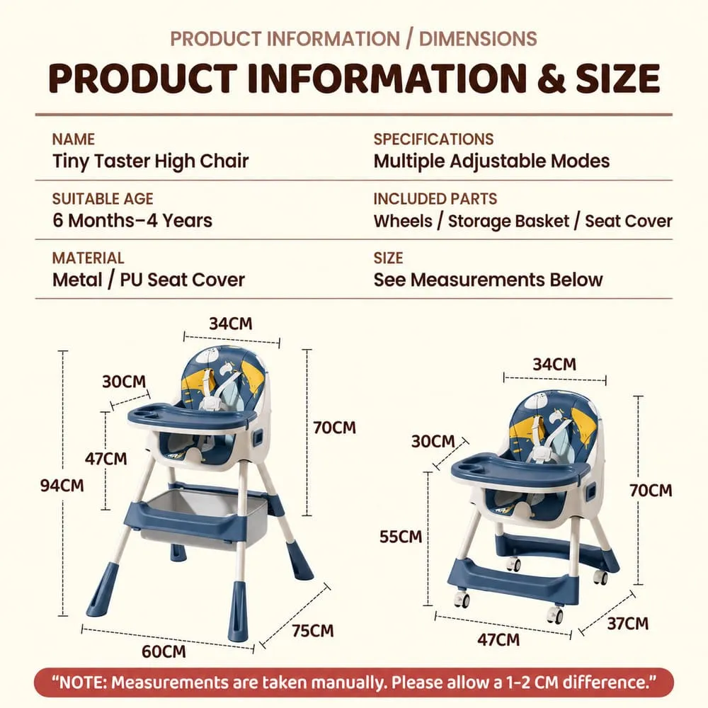 details and dimension of Tiny taster baby high Chair dark blue