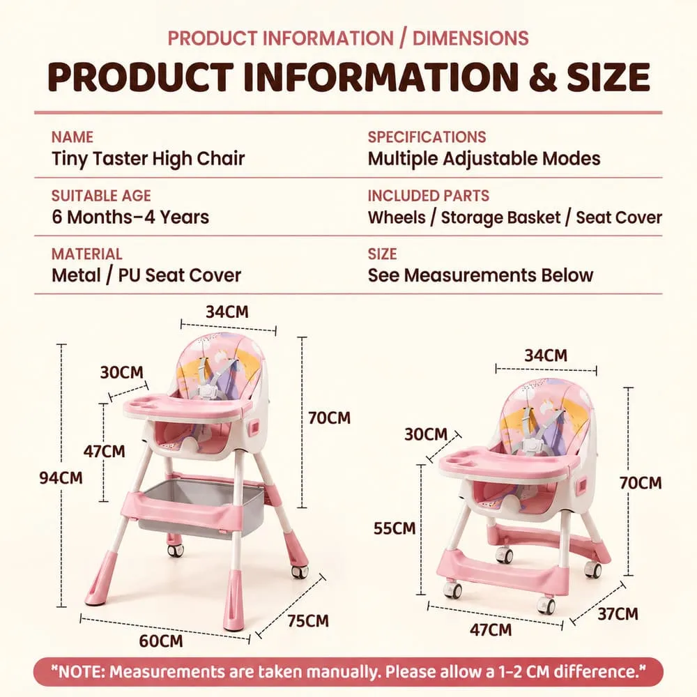 details and dimension of Tiny taster baby high Chair pink