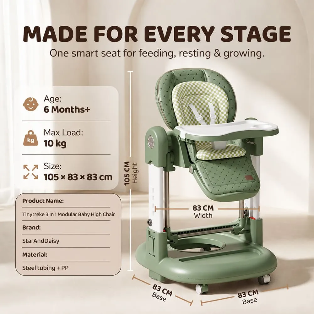 details and dimension of Tinytrek 3 in 1 Modular Baby High Chair Green