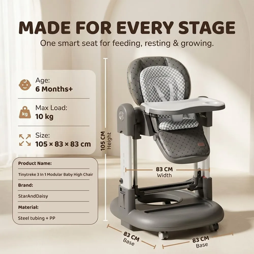 details and dimension of Tinytrek 3 in 1 Modular Baby High Chair Grey