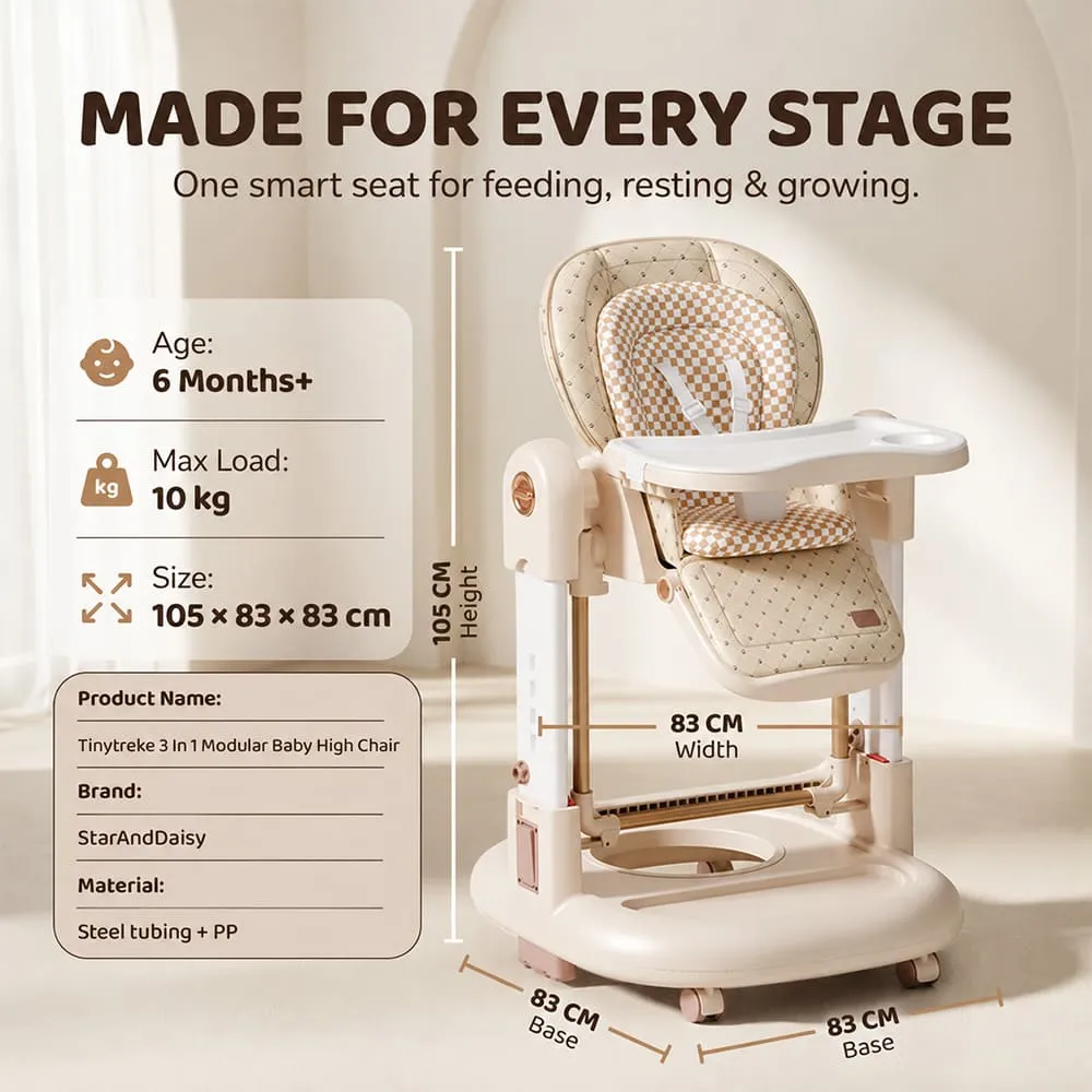 details and dimension of Tinytrek 3 in 1 Modular Baby High Chair Khaki