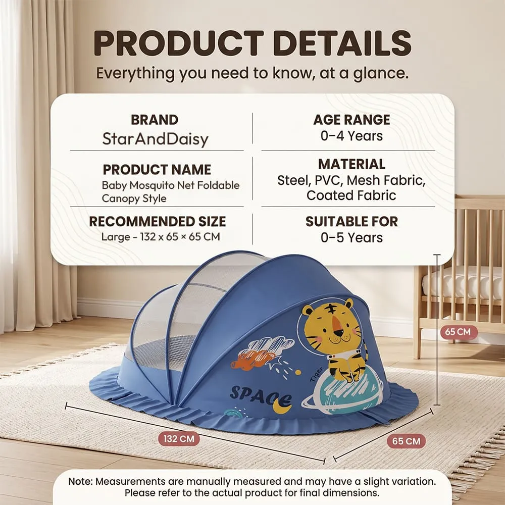 details and dimension of baby mosquito net foldable canopy style blue
