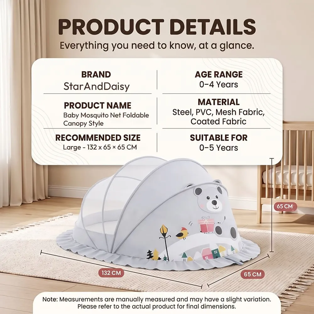 details and dimension of baby mosquito net foldable canopy style grey