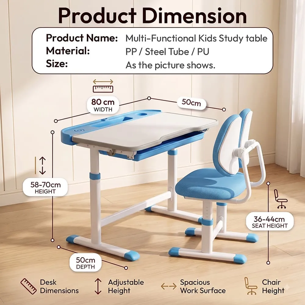 details and dimension of multi functional Kids STudy table Blue