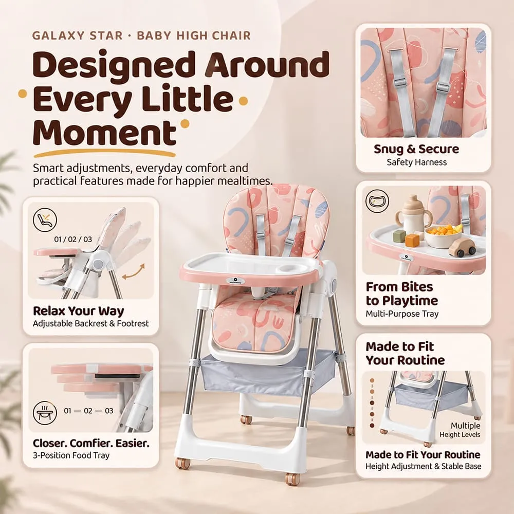 features and benefits of Galaxy high chair pink