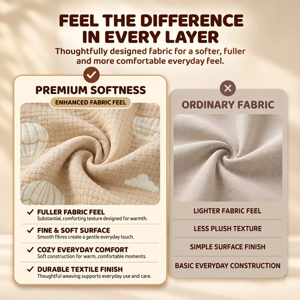 features and compare Muslin 6 layer blanket beige balloon