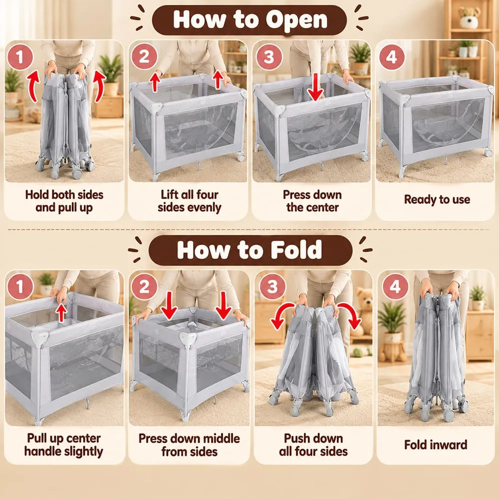 features of Baby Playpen Crib grey
