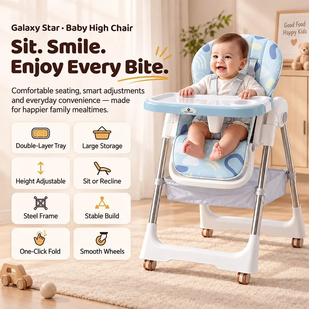 features of Galaxy high chair blue
