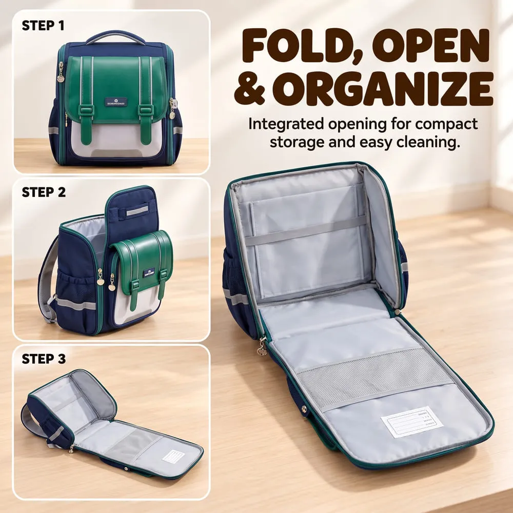 fold open organize Kids school bag green