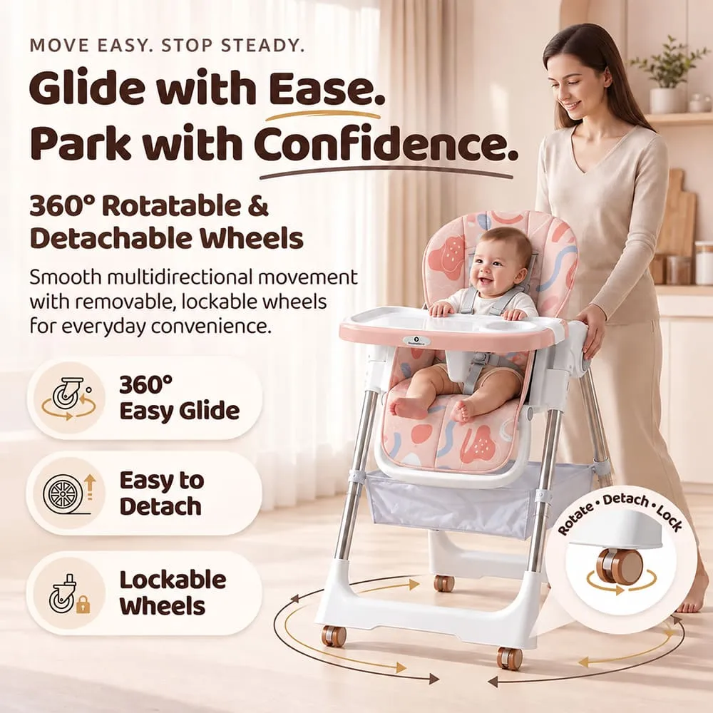 glide with 360 degree wheels Galaxy high chair pink