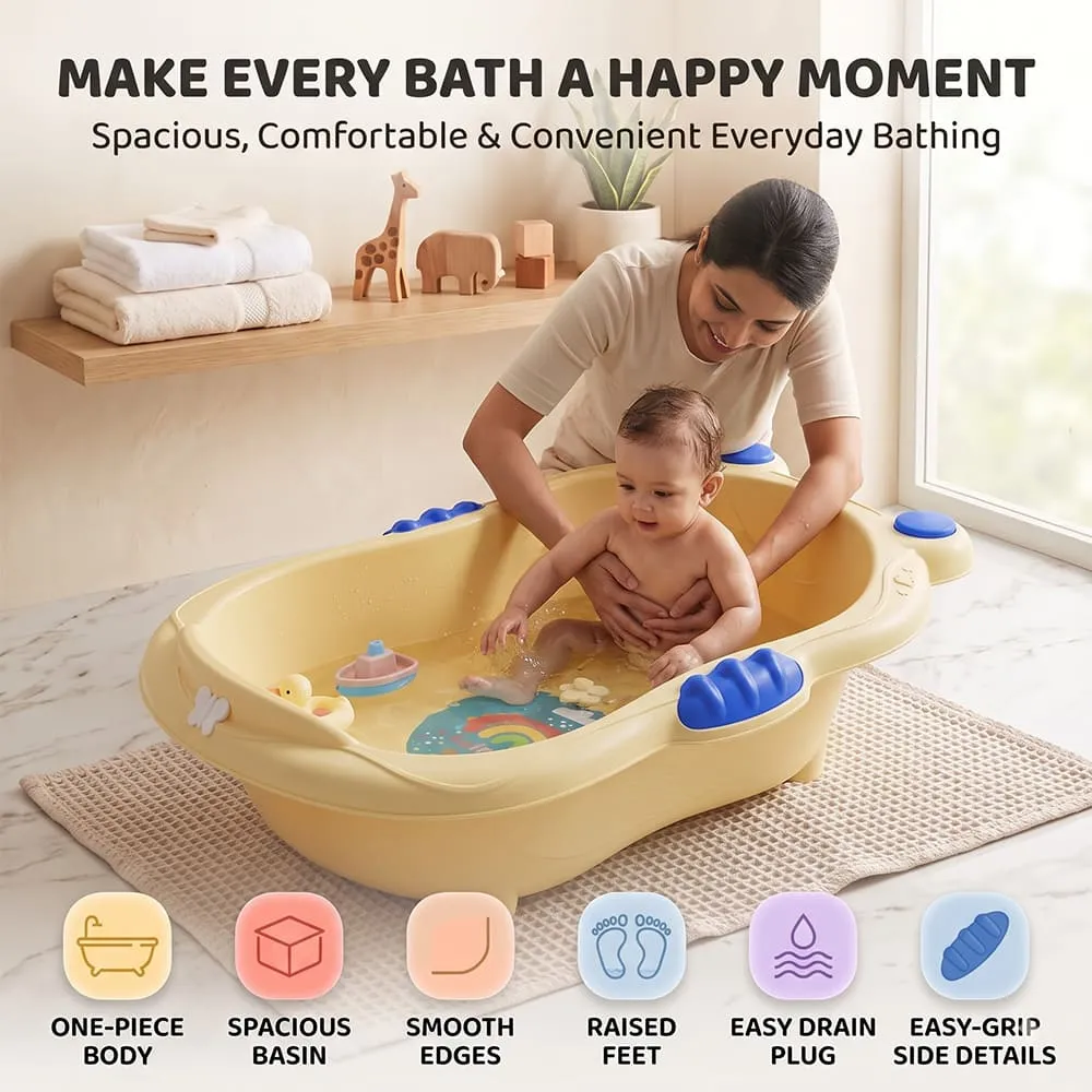 happy moment with Aqua Nest Baby Bathtub without leg without Wheel yellow blue
