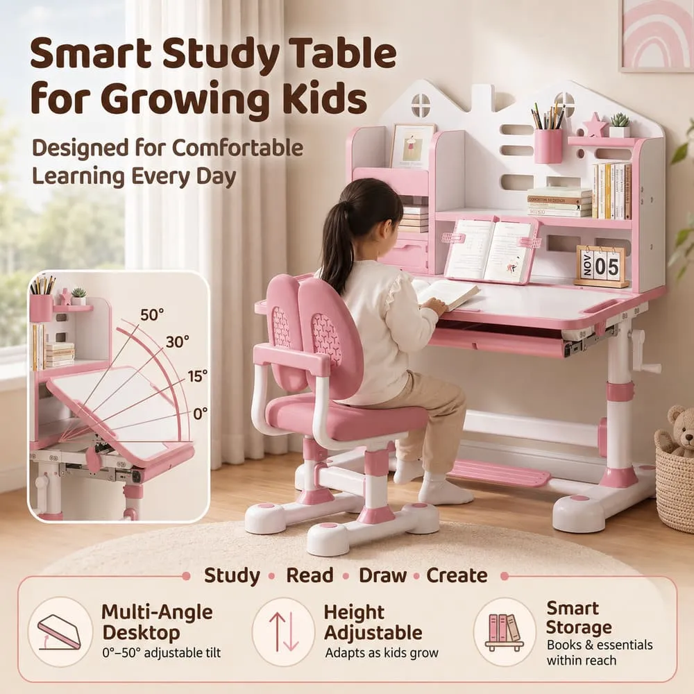 height adjustable Smart Kids Study Table 603 Pink