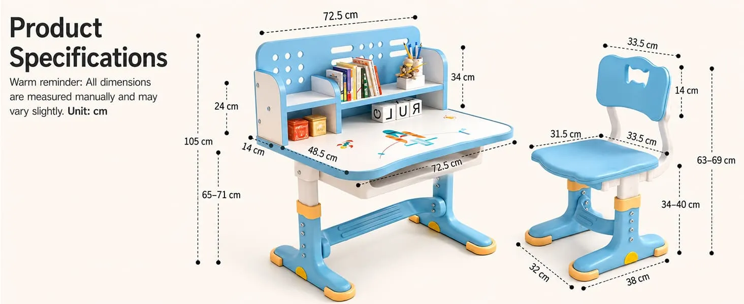 Height-Adjustable Kids Study Table and Chair Set