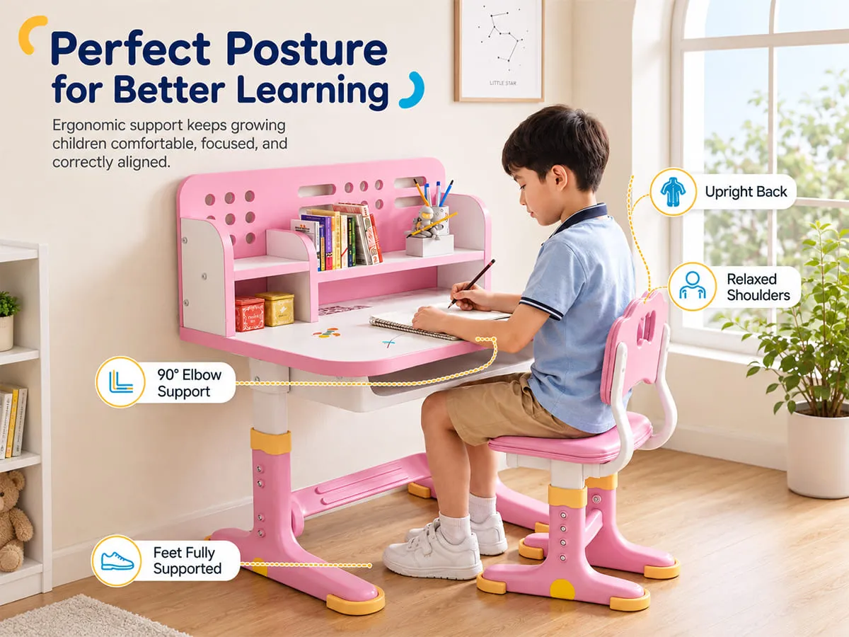 Height-Adjustable Kids Study Table and Chair Set